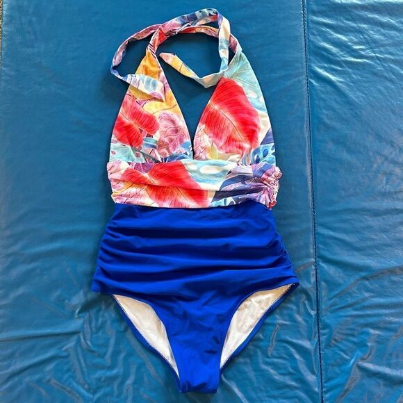 NWOT Small Bikini Swimsuit Swimwear Printed Blue OnePiece - Picture 1 of 8